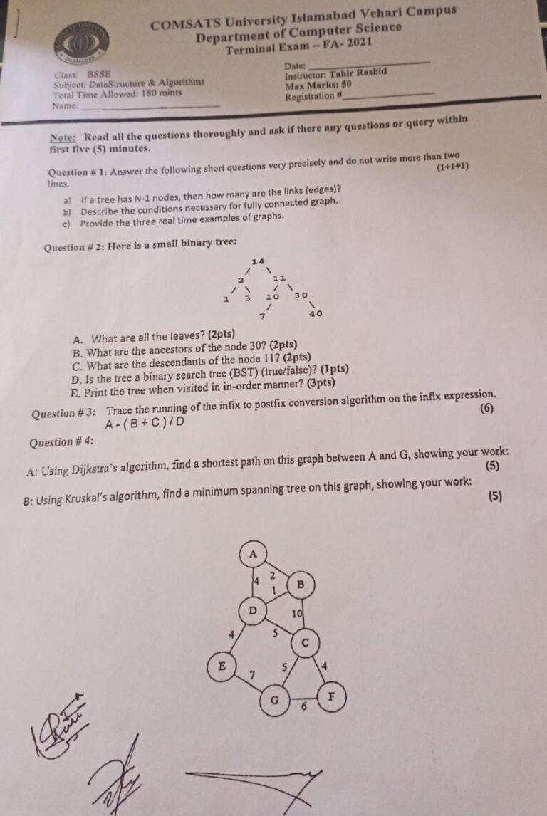 Data Structure and Algorithm past paper |University| cuitutorial