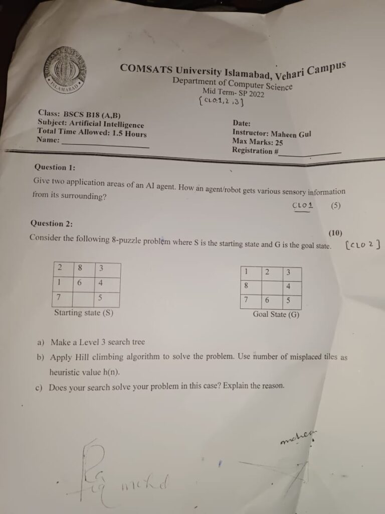 Artificial intelligence past question paper University cuitutorial