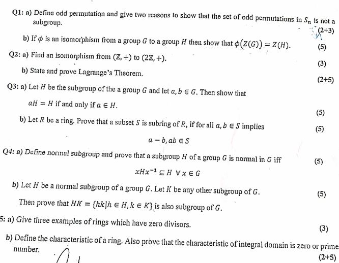 Abstract algebra past paper