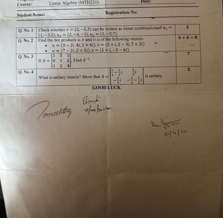 Linear algebra past question paper university cuitutorial